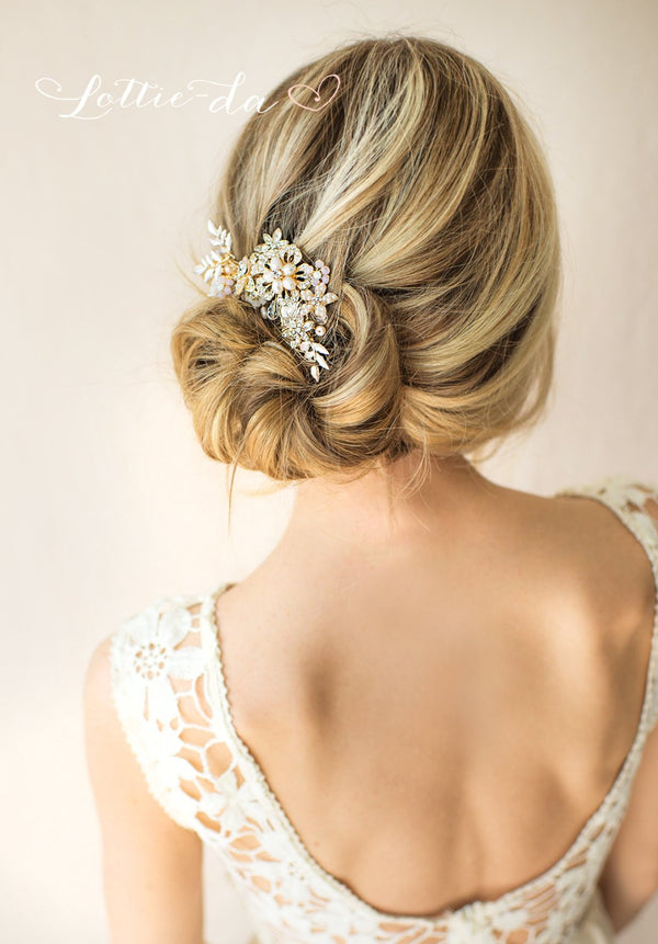 'MARION' Hair Comb with Leaves Pink Flowers